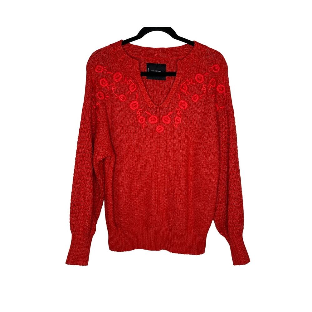 Lucky Brand Sweater Women M Red Cotton Blend Floral Embroidered Notch V-Neck Top